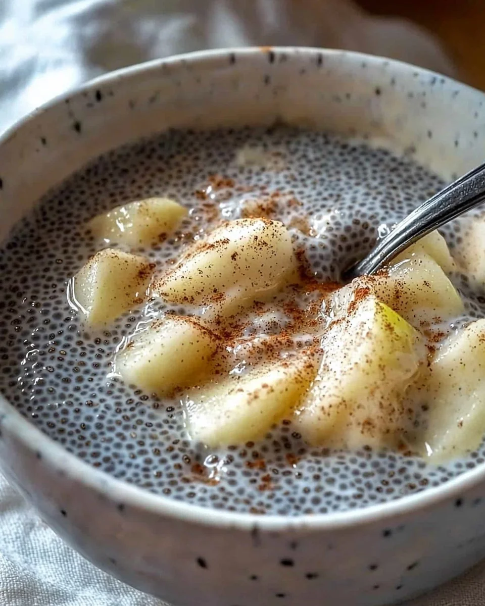 Creamy apple chia pudding topped with Greek yogurt and fresh fruit