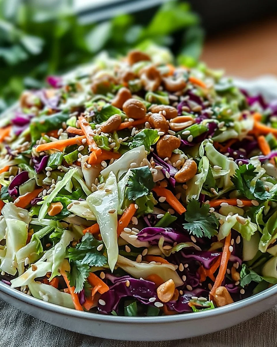 A colorful Asian Cabbage Salad with sesame dressing and fresh vegetables