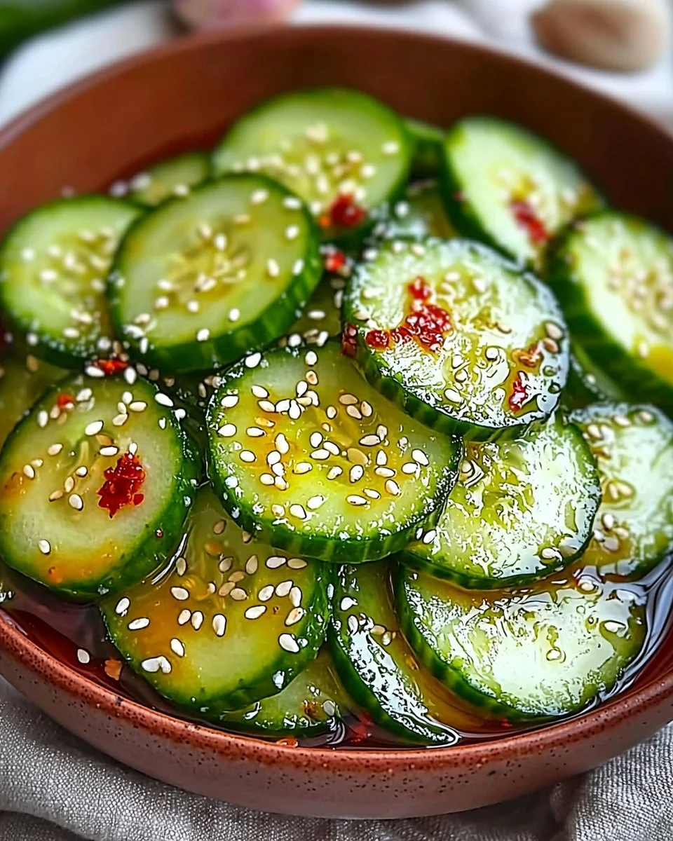 Bowl of vibrant Asian cucumber salad with sesame dressing and fresh herbs