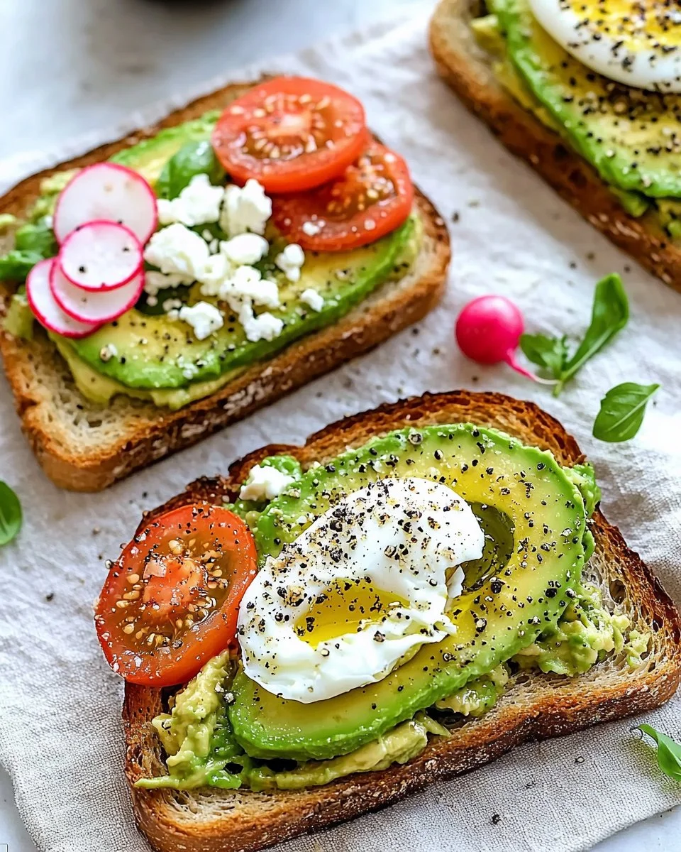 A beautifully presented plate of avocado toast topped with cherry tomatoes and microgreens