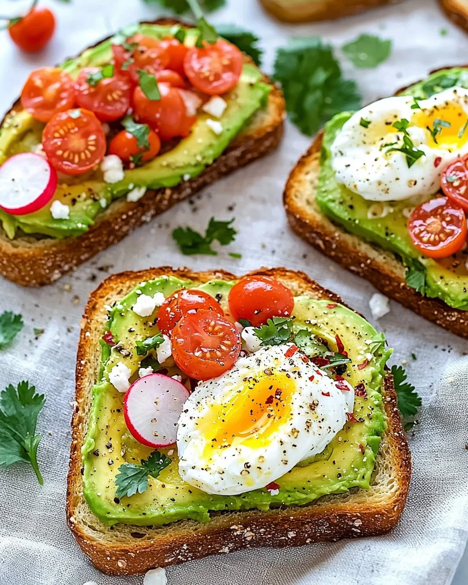 Delicious avocado toast topped with fresh ingredients on a rustic wooden table.