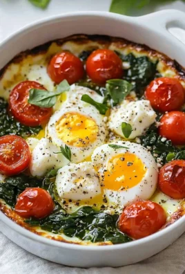 Baked feta eggs with tomatoes and spinach served in a skillet