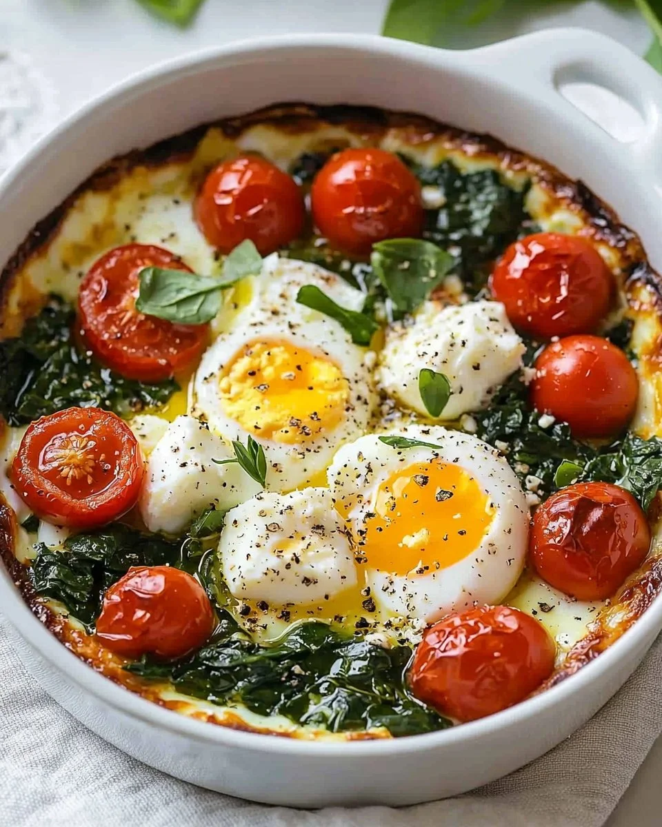 Baked feta eggs with tomatoes and spinach served in a skillet