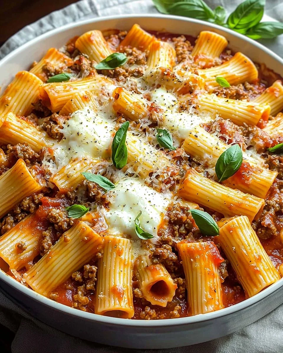 Baked Rigatoni with Ground Beef topped with cheese and herbs