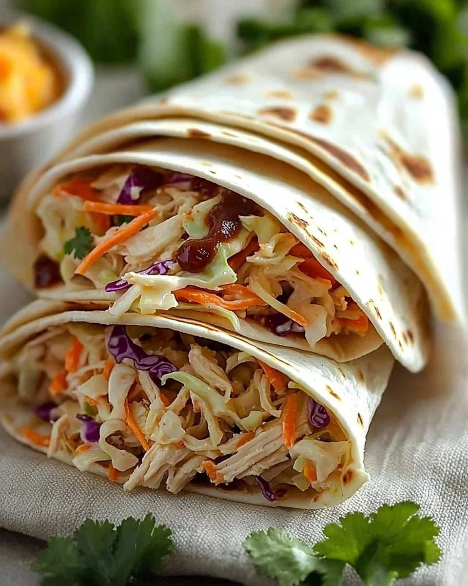 BBQ Chicken Coleslaw Wraps with fresh ingredients on a rustic wooden table