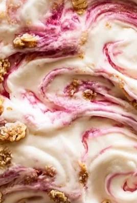 Delicious bowl of rhubarb crisp ice cream topped with crunchy crumbs