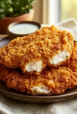 Plate of golden, crispy chicken fried chicken garnished with herbs.