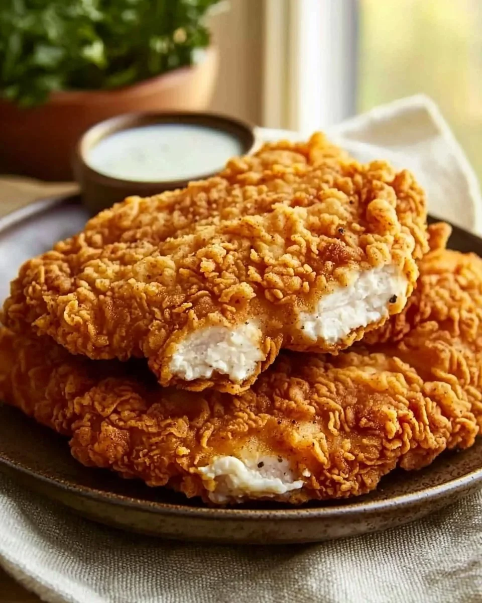 Plate of golden, crispy chicken fried chicken garnished with herbs.