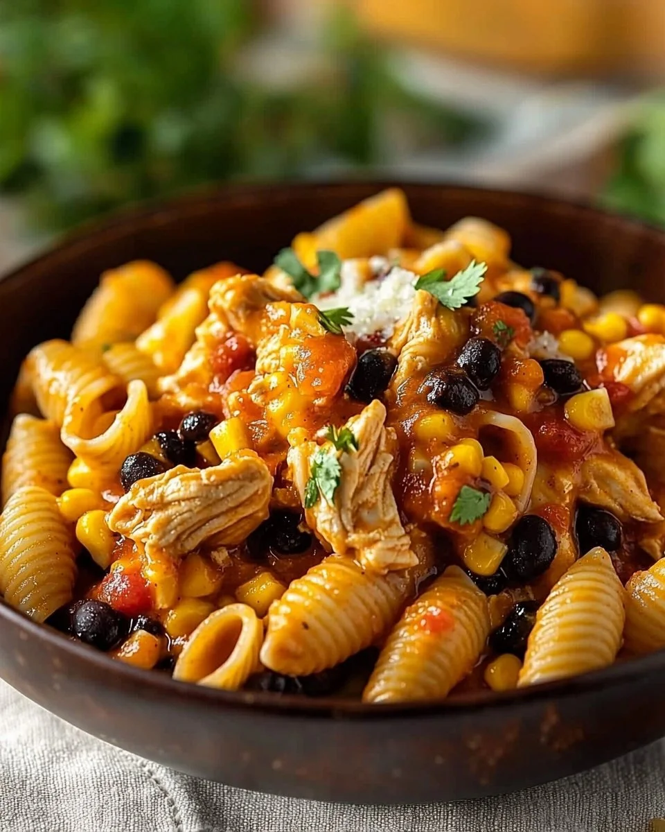 A bowl of Chicken Taco Pasta with cheese, herbs, and a dash of spices.