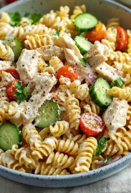 Creamy chicken pasta salad with fresh vegetables and herbs