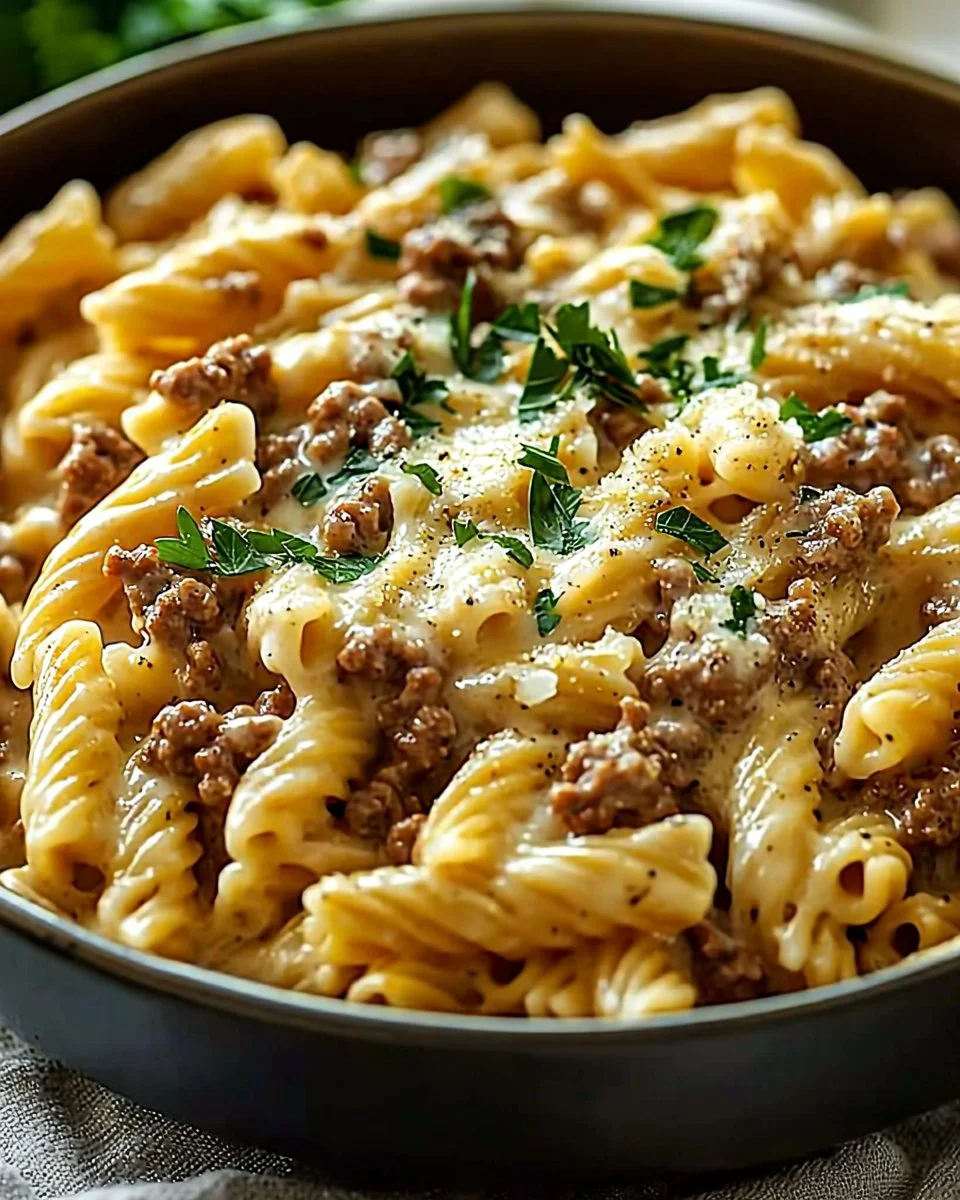 Creamy high protein beef pasta garnished with parsley in a bowl