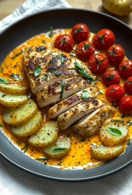 Creamy tomato chicken breast dish served with herbs and pasta