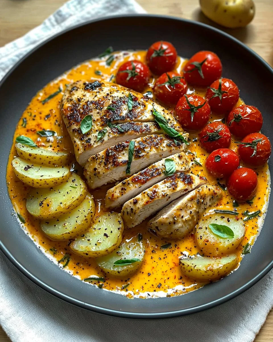 Creamy tomato chicken breast dish served with herbs and pasta