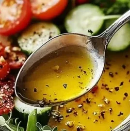 A bowl of fresh salad topped with homemade oil and vinegar dressing