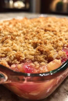 Easy classic rhubarb crisp topped with oatmeal in a baking dish