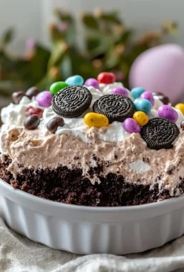 No bake Easter dirt cake casserole with chocolate and gummy worms