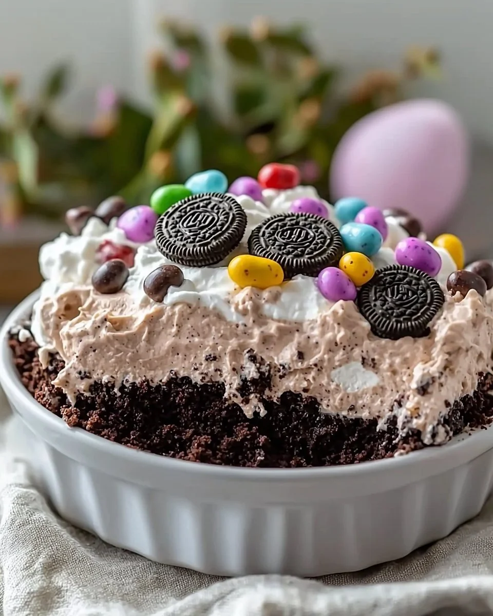 No bake Easter dirt cake casserole with chocolate and gummy worms