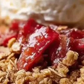 Serving of easy homemade rhubarb crisp dessert topped with ice cream