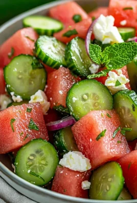 Bowl of easy watermelon cucumber salad with fresh ingredients