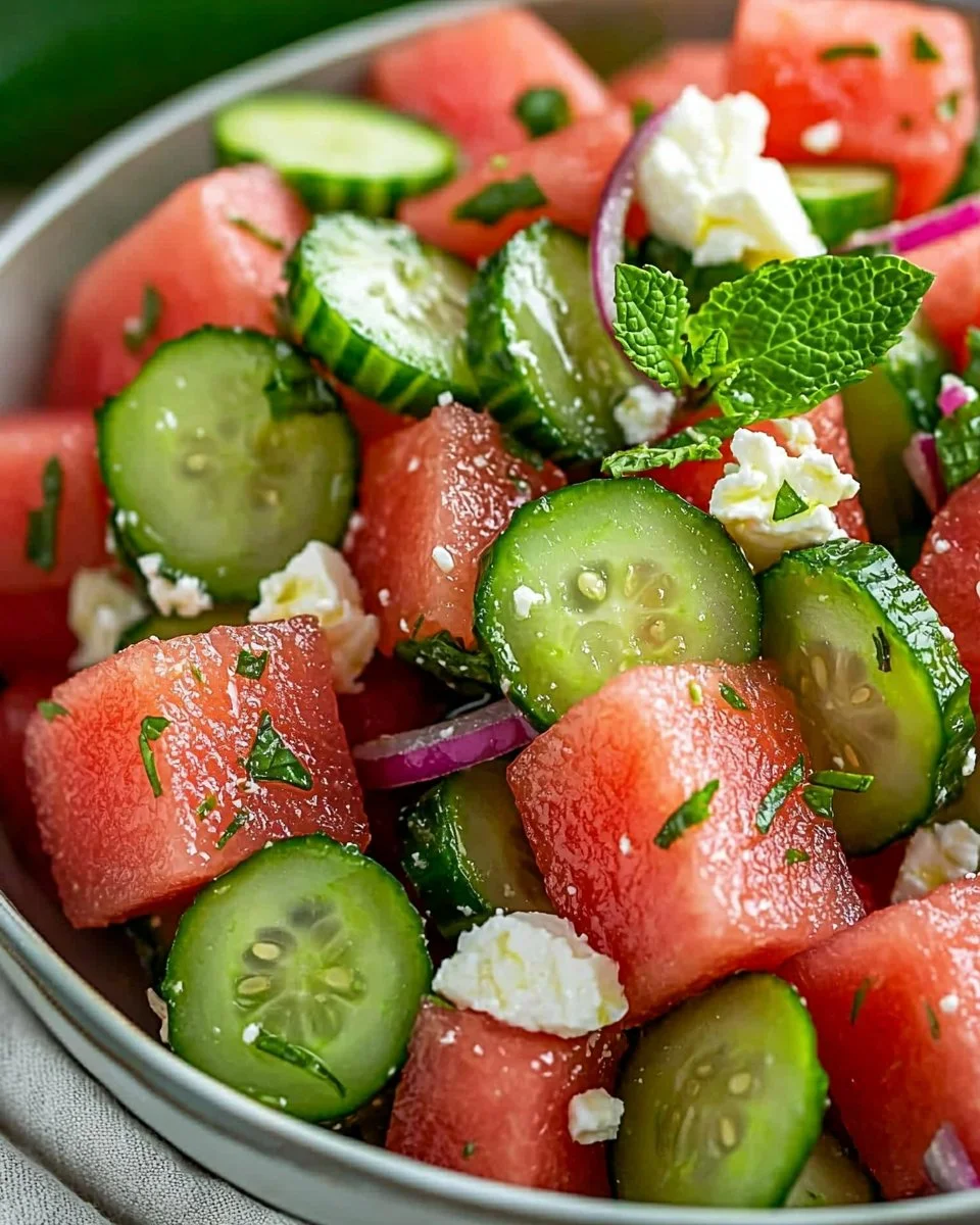 Bowl of easy watermelon cucumber salad with fresh ingredients