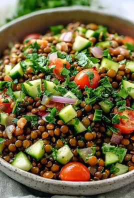 Healthy Lebanese Lentil Salad with fresh vegetables and herbs