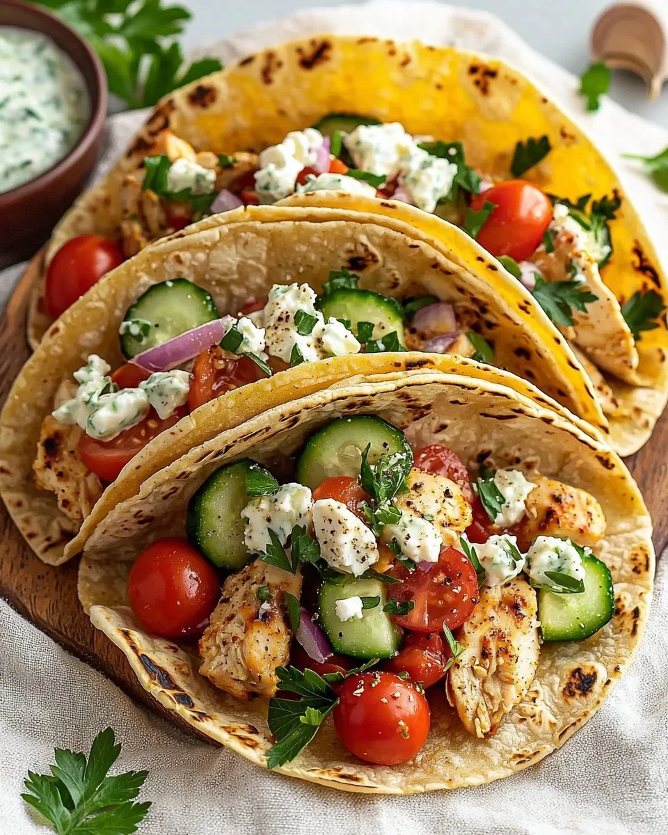Healthy Mediterranean Chicken Tacos with fresh vegetables and toppings