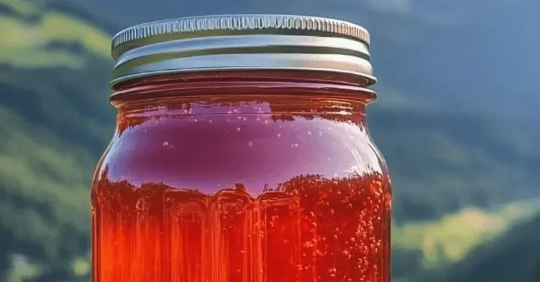 Homemade rhubarb syrup in a glass jar with fresh rhubarb stalks.