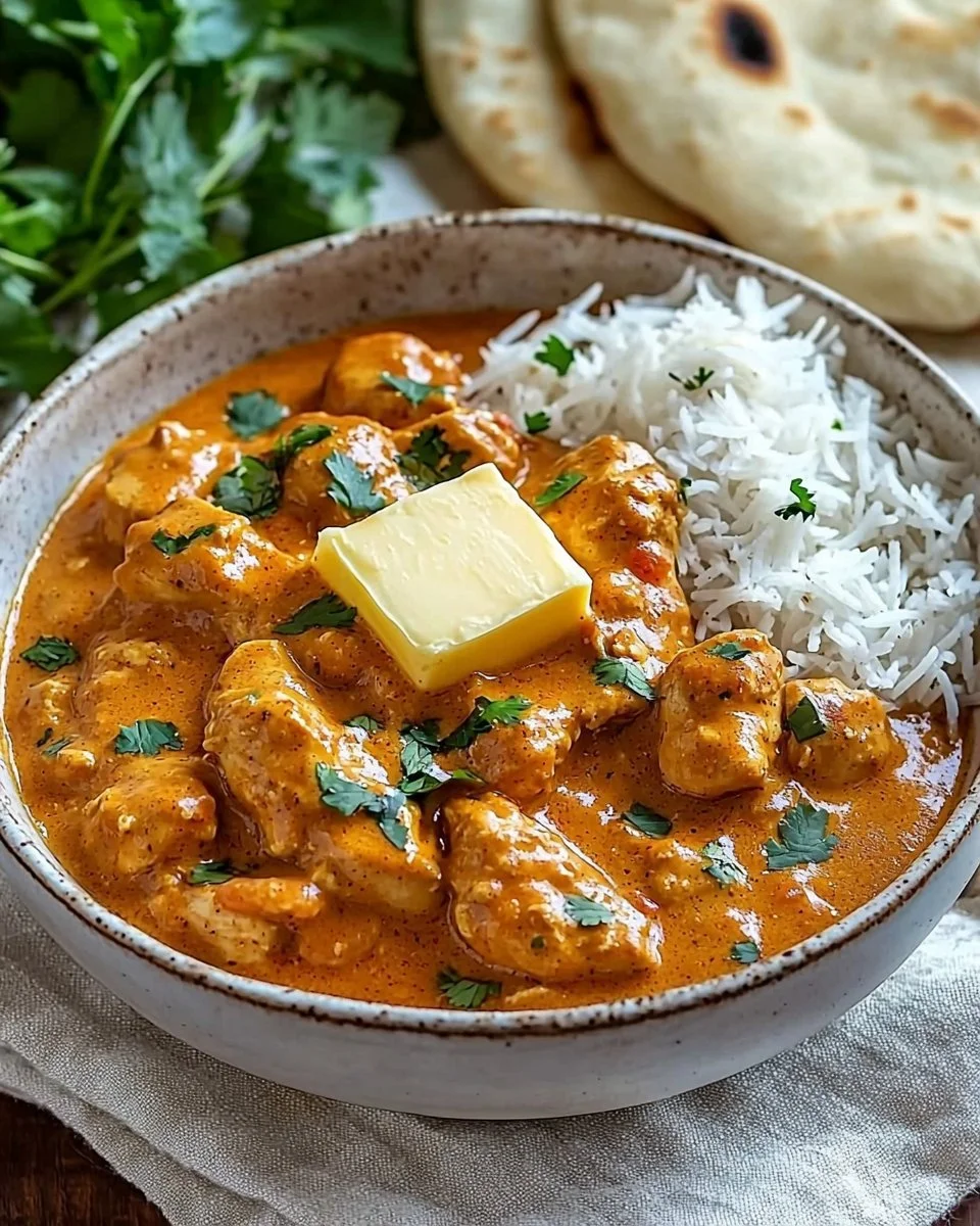 Delicious plate of Indian Butter Chicken garnished with herbs and served with rice.