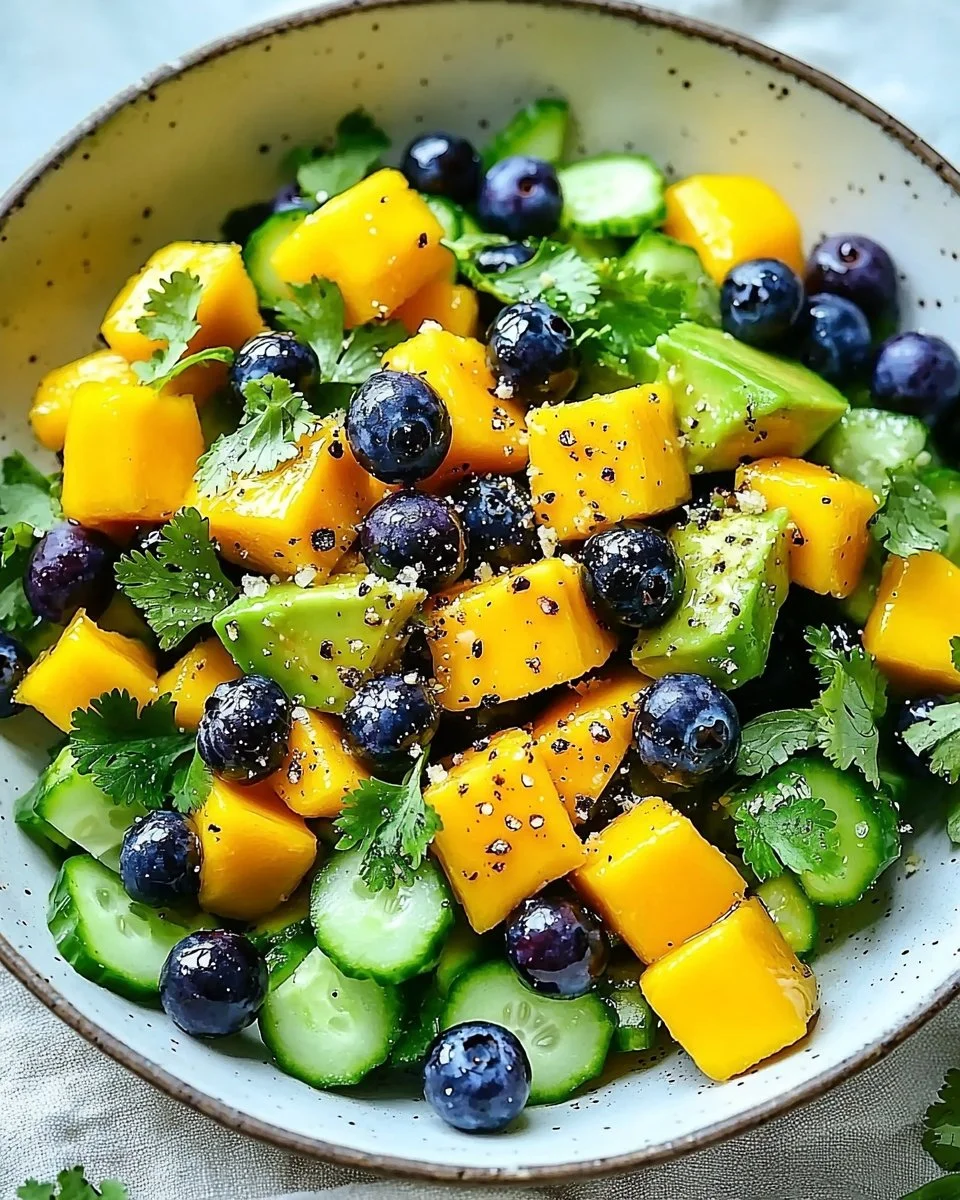 Juicy mango cucumber salad topped with blueberries and avocado for a fresh summer dish.
