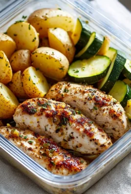 Lemon garlic chicken meal prep with fresh herbs and vegetables.