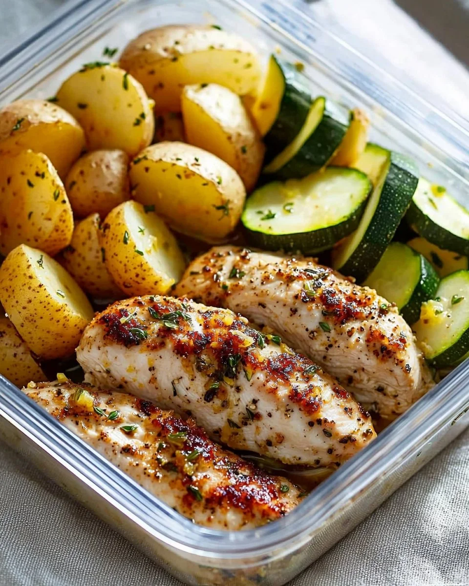 Lemon garlic chicken meal prep with fresh herbs and vegetables.