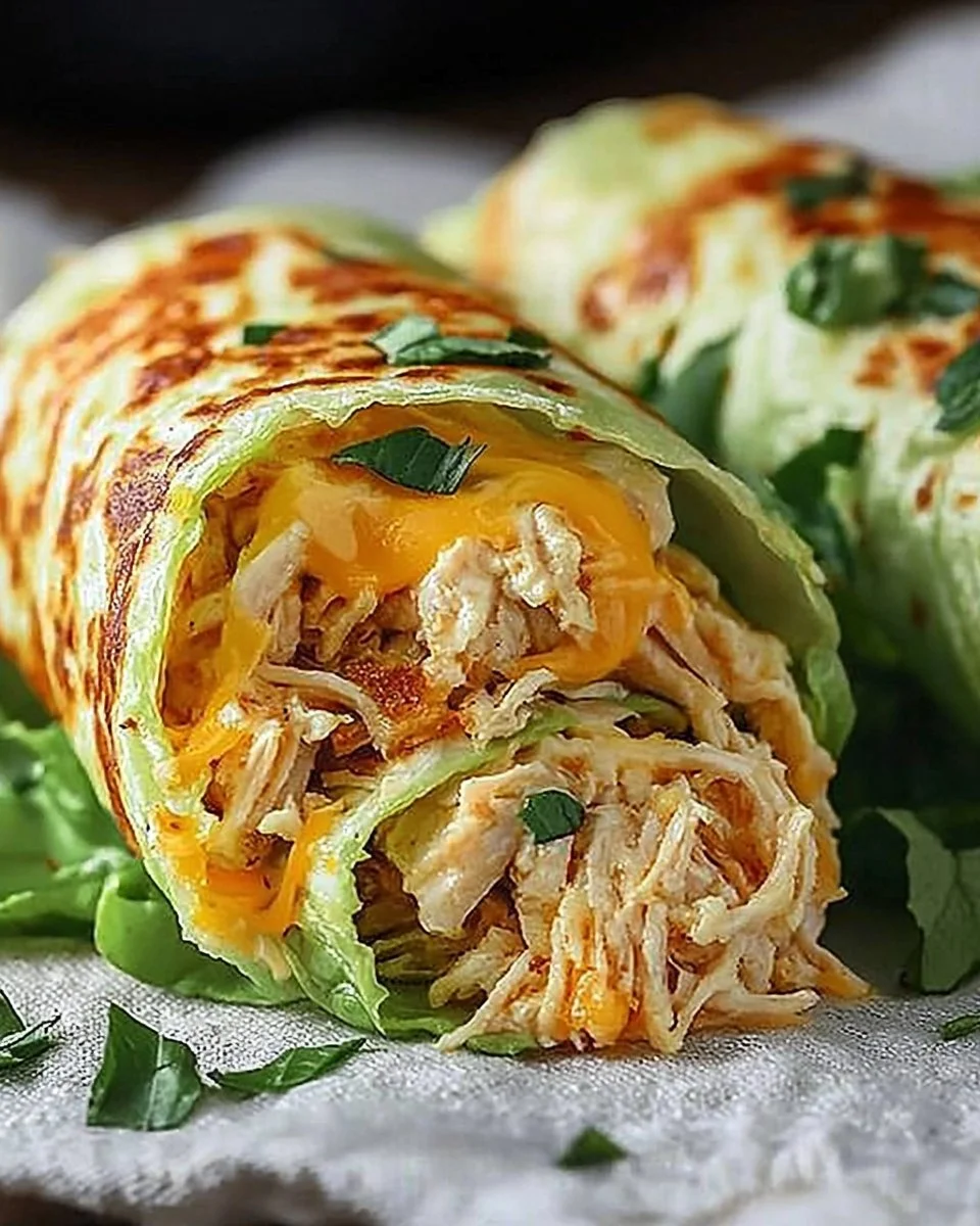 Low carb cheesy garlic chicken wraps served with fresh veggies.