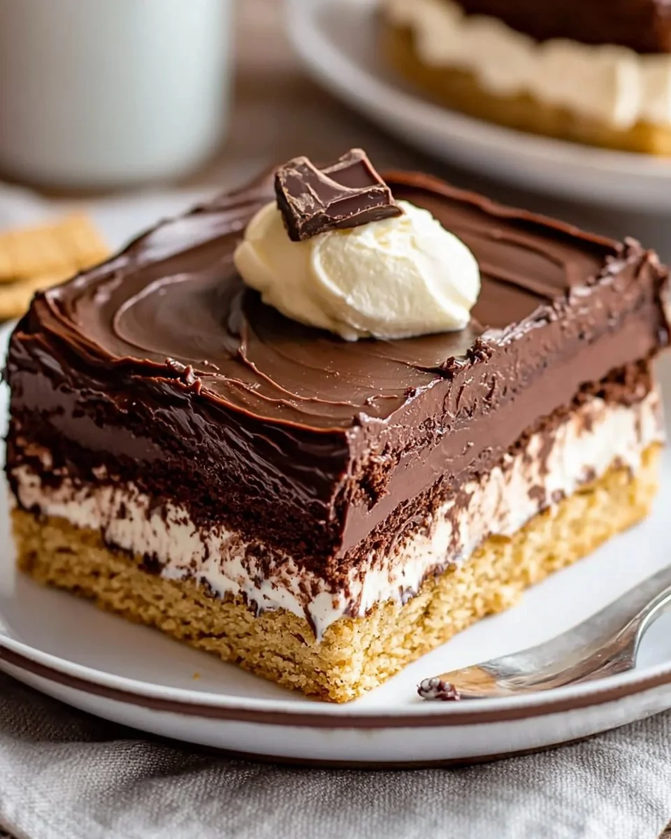 Delicious no-bake chocolate eclair cake with chocolate frosting and cream filling