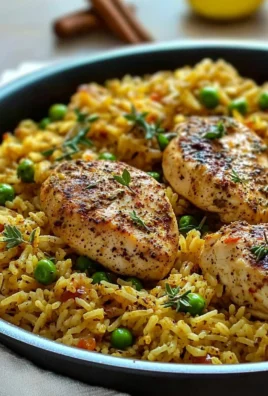 One Pan Mediterranean Chicken with rice garnished with fresh herbs