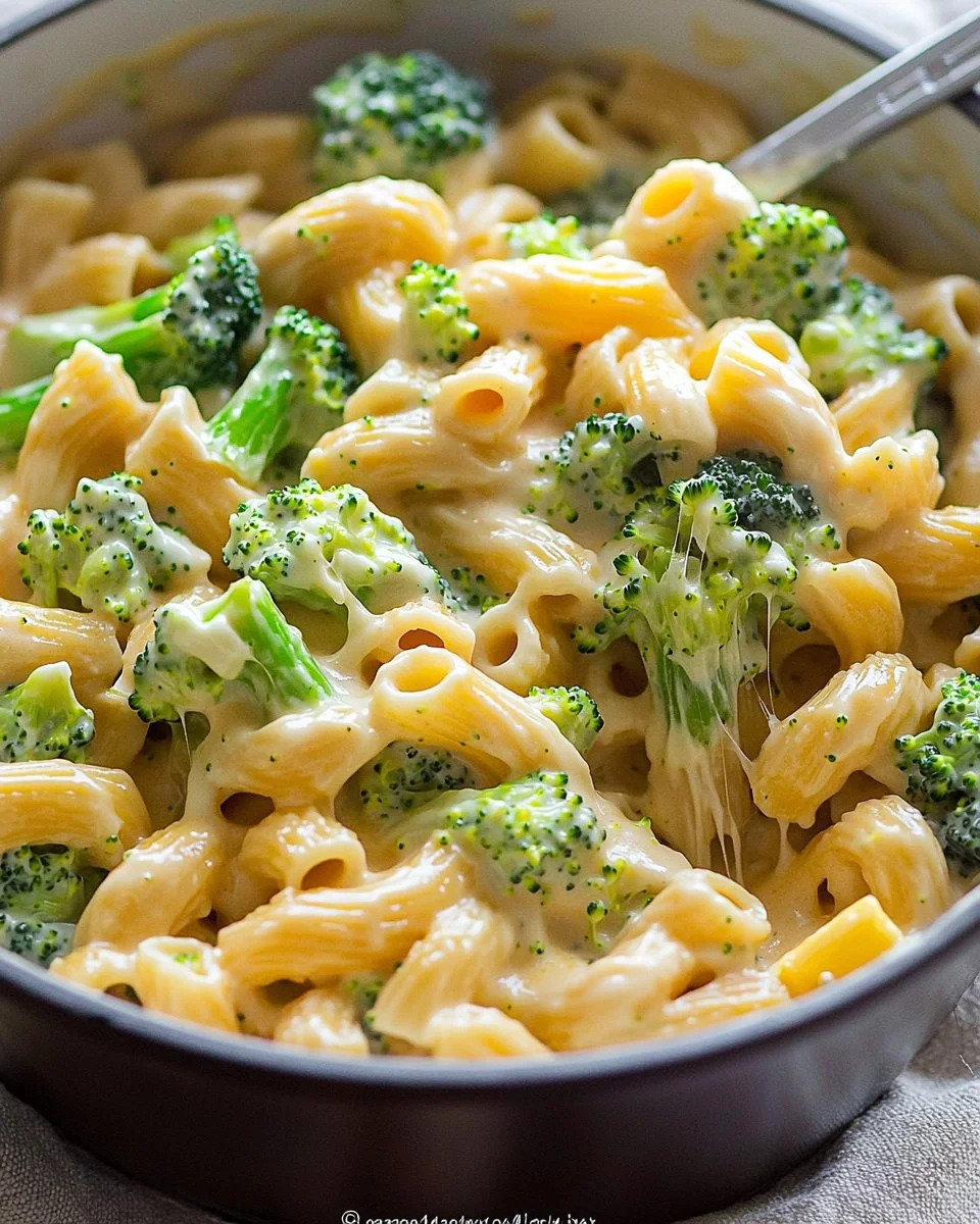 Creamy One Pot Healthy Broccoli Mac and Cheese dish served in a bowl.