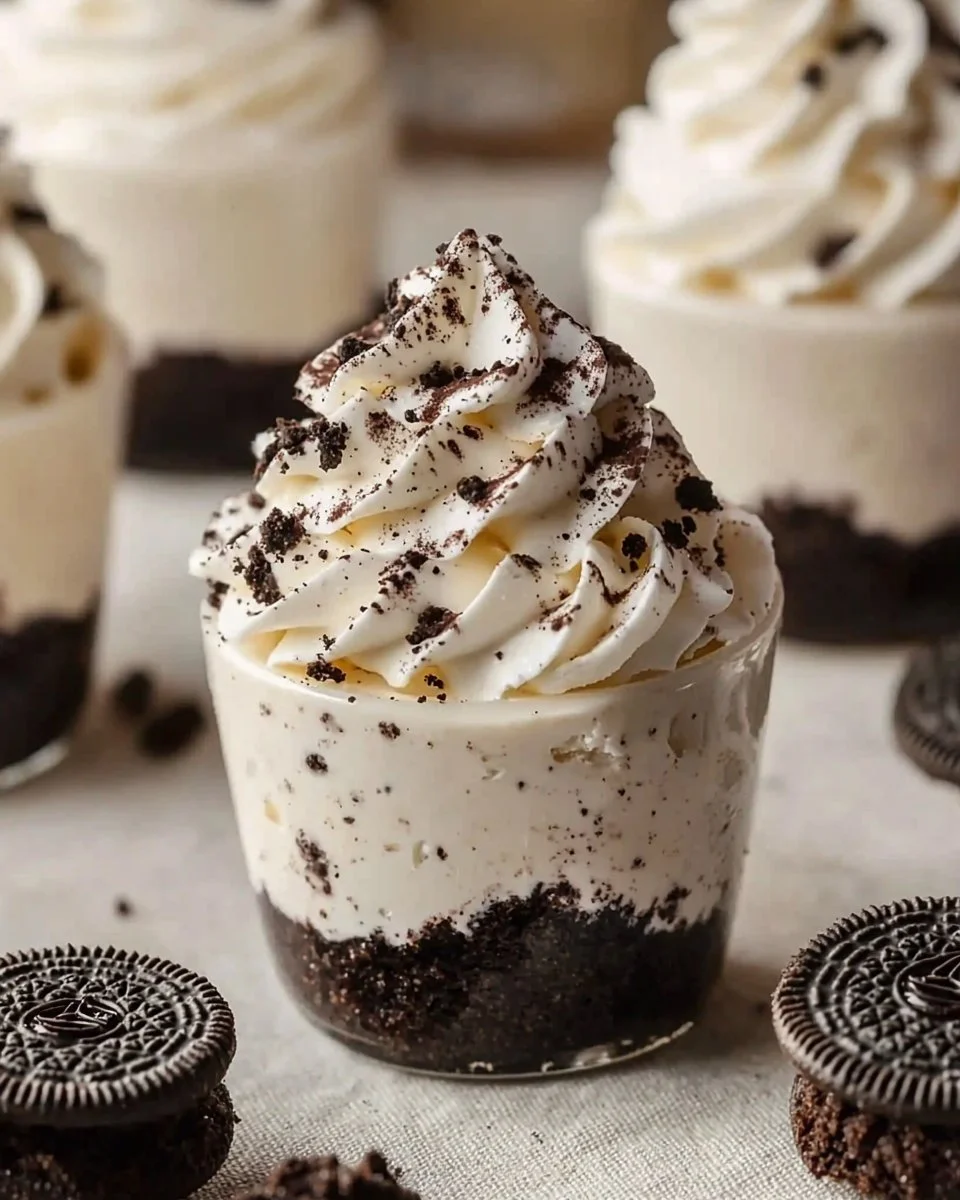 Oreo No-Bake Cheesecake Cups served in clear dessert cups