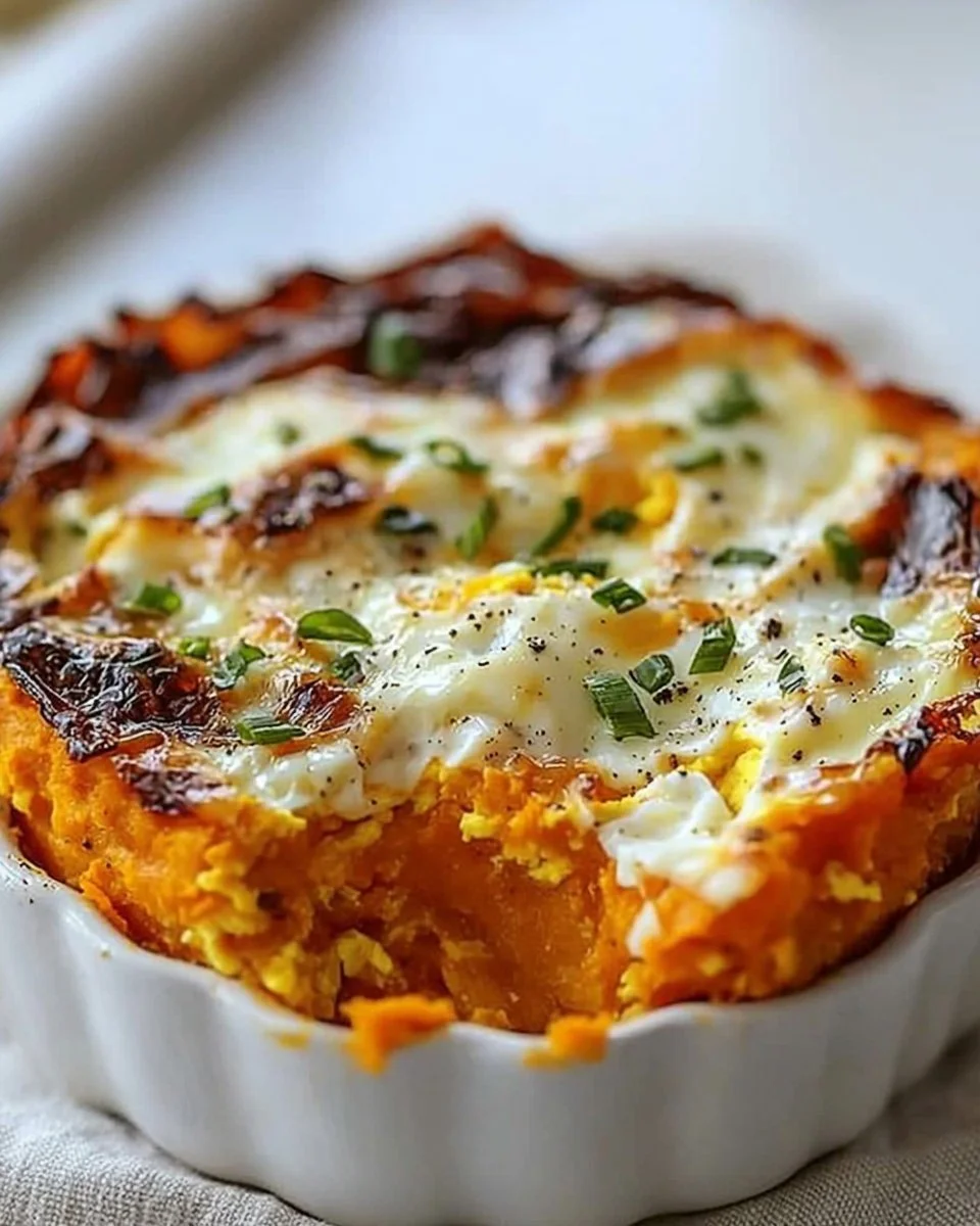 Protein-packed sweet potato egg casserole on a serving dish.