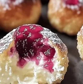 Rhubarb cheesecake bombs topped with fresh rhubarb and creamy filling