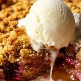 Delicious homemade rhubarb crisp dessert in a baking dish