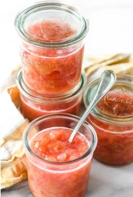 Delicious homemade rhubarb sauce in a glass jar