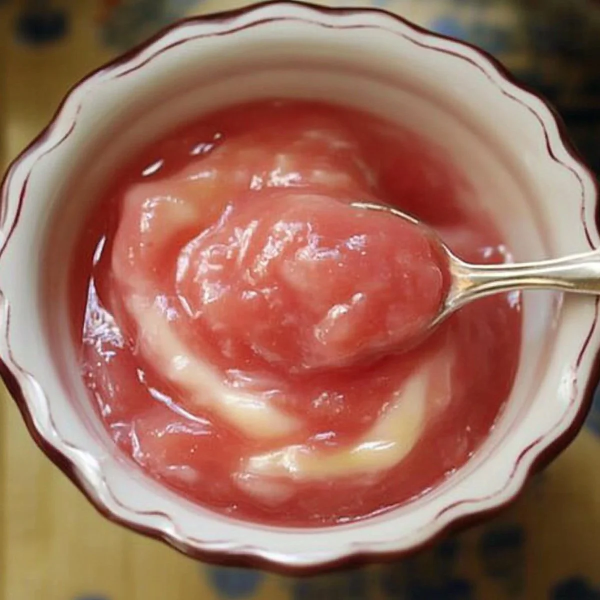 Homemade rhubarb sauce in a jar with fresh rhubarb stalks on the side.