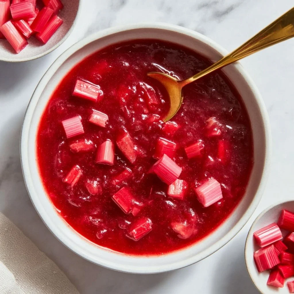 Homemade rhubarb sauce served in a bowl with fresh rhubarb stalks.