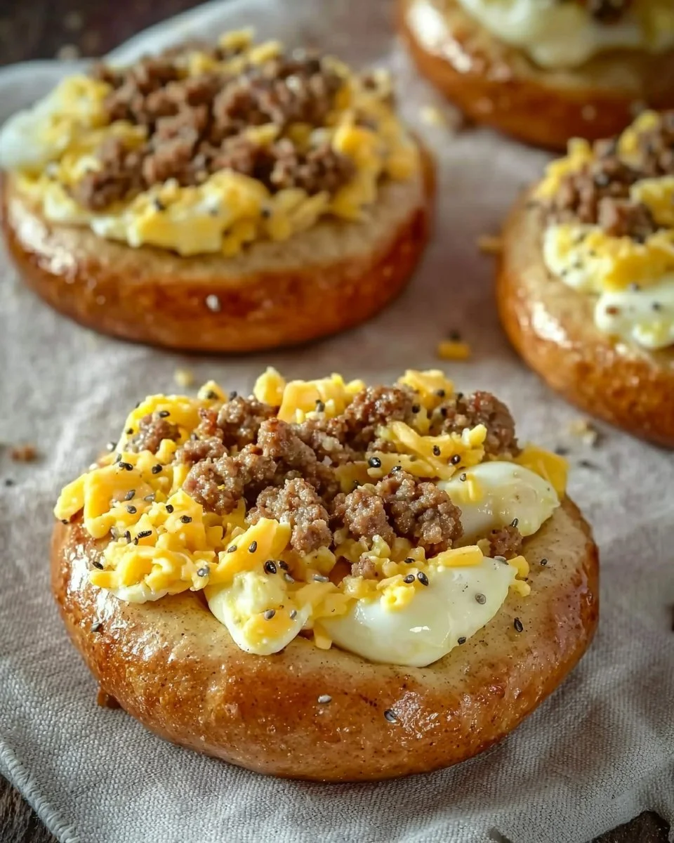 Sausage, egg, and cheese breakfast bagels stacked on a plate.