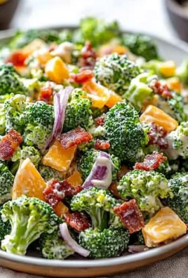 Delicious simple keto broccoli salad with cheese and bacon
