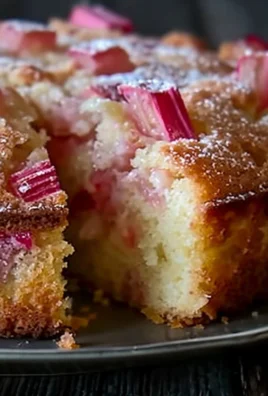 Sour Cream Rhubarb Coffee Cake with fresh rhubarb on a serving platter