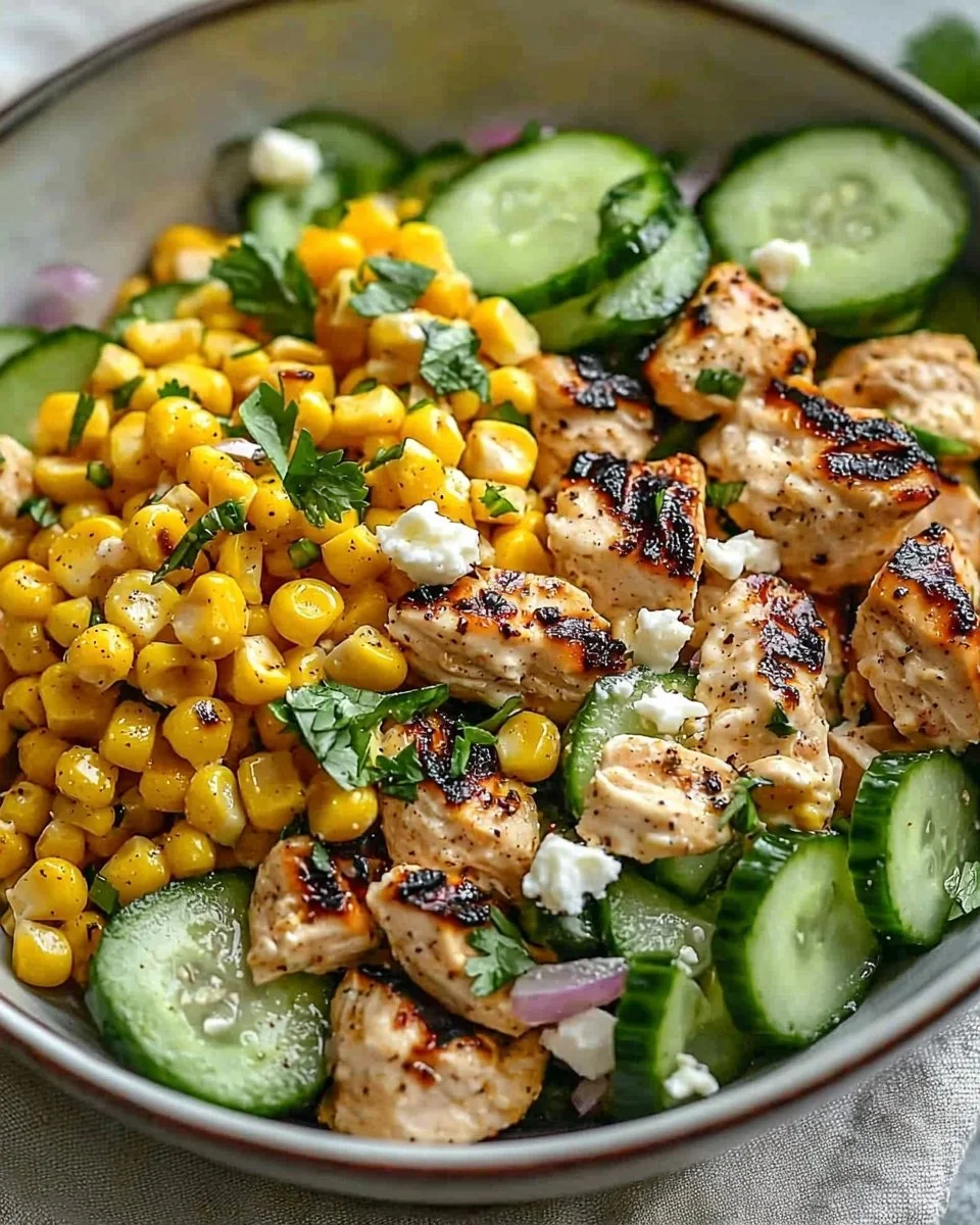 Street Corn Creamy Cucumber Chicken Salad recipe with fresh ingredients.