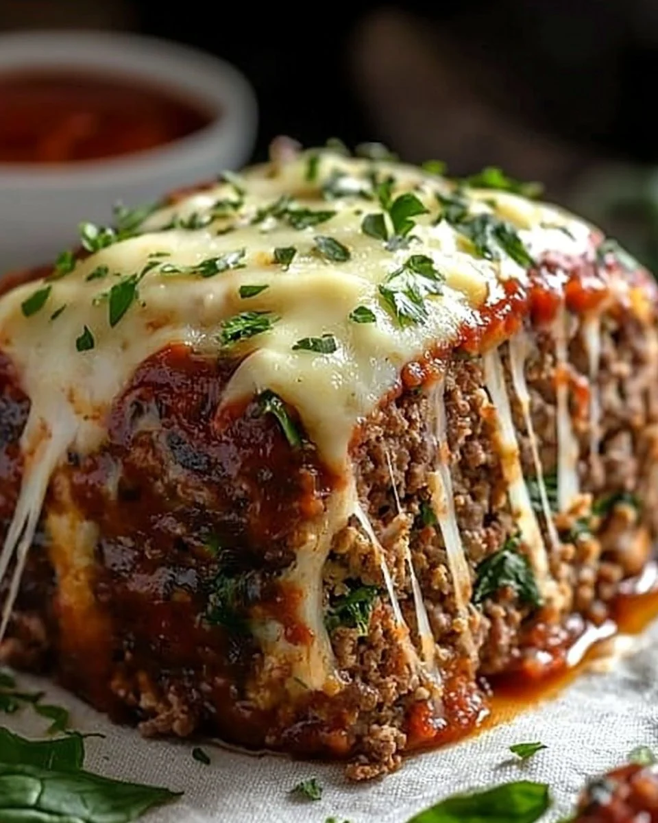 Stuffed Italian meatloaf filled with herbs and cheese on a serving plate
