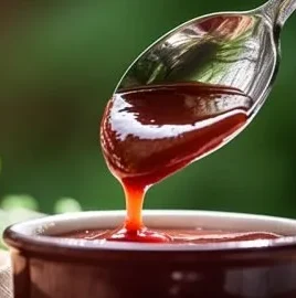 Sweet and savory rhubarb BBQ sauce in a mason jar with fresh rhubarb stalks