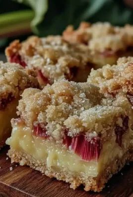 Delicious tangy rhubarb custard bars on a wooden table.
