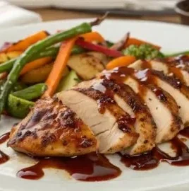Homemade teriyaki sauce in a glass jar with fresh ingredients around it